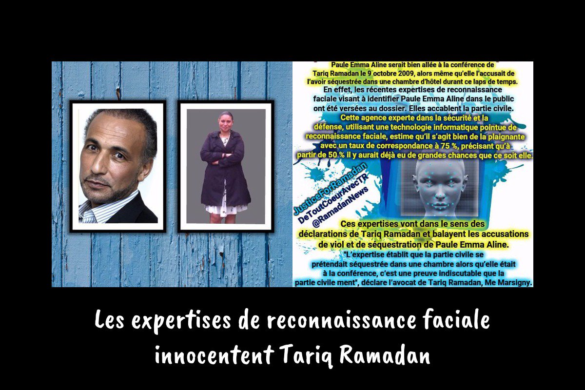 RamadanNews's tweet photo. Les expertises de reconnaissance faciale innocentent #TariqRamadan.Paule Emma Aline serait bien allée àla conférence de Ramadan le 9/10/2009 alors même qu’elle l’accusait del’avoir séquestrée dansune chambre d’hôtel durant ce laps detemps https://t.co/YiltVIW2Z5 #FreeTariqRamadan https://t.co/KM7Qw2iMXe