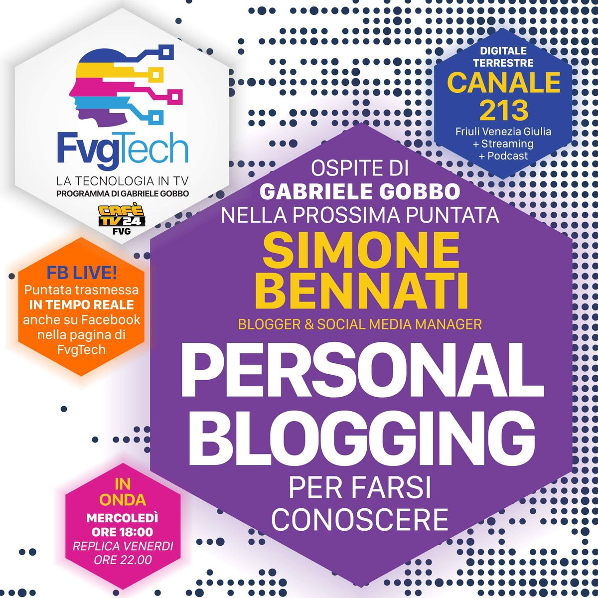 bennaker's tweet photo. Se non avete un cazzo da fare, mercoledì 23, alle 18:00, sarò ospite di @gabrielegobbo di #FvgTech per parlare di #PersonalBlogging.
La puntata sarà visibile su #Facebook, #YouTube e #CafèTv24, canale 213 del digitale terrestre in Friuli Venezia Giulia.
#SaveTheDate https://t.co/iVwQEs0de7