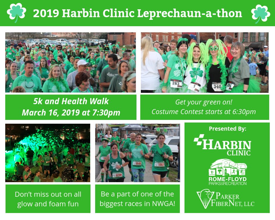 RF_ParksandRec's tweet photo. Get your green on with us at the 2019 Harbin Clinic Leprechaun-a-thon on March 16th at 7:30pm! We will be having a 5k/Heath Walk, Costume Contest, Foam, Glow, and more! To register or for more information visit https://t.co/wkQw3YgebE! #rfprd #romega #5k #healthwalk #fun https://t.co/fuqAbbkoin