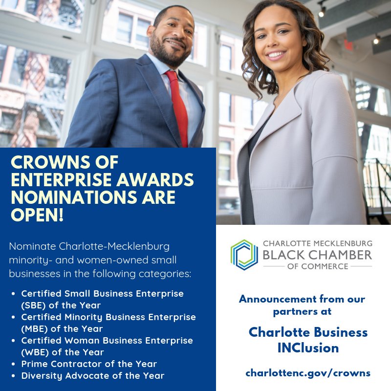 thecmbcc's tweet photo. Know a minority- and/or woman-owned business that's provided great service to #MeckCounty? Nominate them for the Charlotte-Mecklenburg Crowns of Enterprise Awards. Deadline is Feb. 8. Visit https://t.co/u4qdhBTHcQ for details. #entrepreneurship #CharlotteNC #MWSBE #smallbusiness https://t.co/fGHt4RtMqn