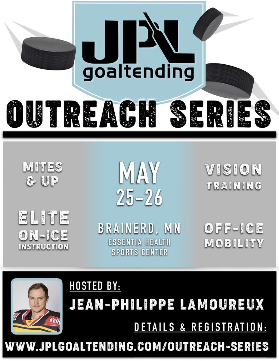 RUGBY, BEMIDJI, and BRAINERD goalies. Coming to you in May, hope to see you there! #jplgoaltending #outreachseries #goaliecamp