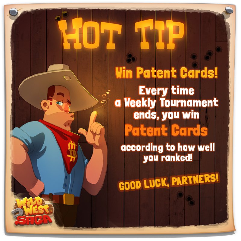 💯 It's time for another #TipFriday!

Do your best in the Weekly Tournaments 'cause in addition to points, you also win Patent Cards 🥇🏆

Good luck, Partners 🤠

#Tamasenco #StartIdling #WildWestSaga #WWS