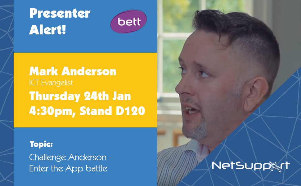 ICTEvangelist's tweet photo. Fancy something fun, where you’ll learn something and come away with some great ideas at the end of each day at #BETT2019? Join me for #ChallengeAnderson App Battle at 1630 each day on the @NetSupportGroup stand! https://t.co/uRdfYjV8MU
