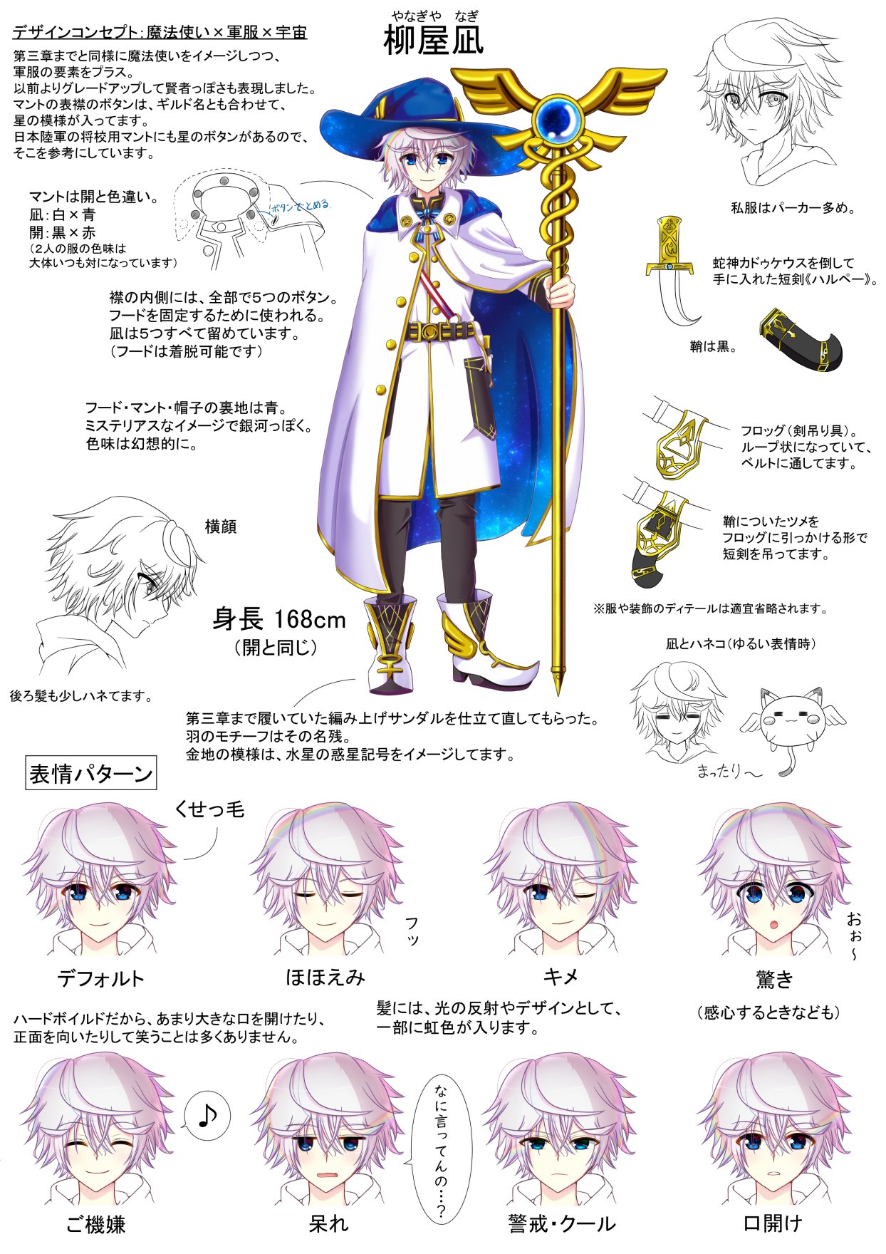 蒼城双葉 情報屋 柳屋凪 小説 ルミナリーファンタジーの迷宮 の設定資料イラスト もう一人の主人公 語り部である開の相棒 魔法使い 軍服 宇宙をコンセプトにした衣装です T Co Sy0cnspb41 Twitter