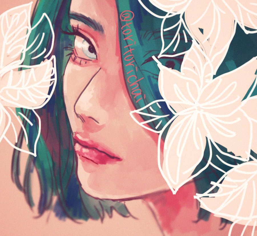 solo 1girl portrait hair over one eye flower short hair looking at viewer  illustration images