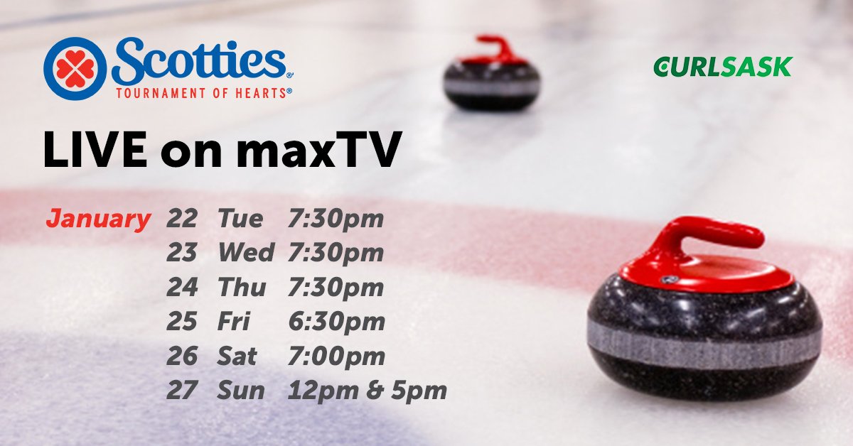 Biters, kizzle kazzles, + hammers! Watch the best SK women curlers battle it out at the Viterra Scotties Tournament of Hearts, Jan 22nd - 27th in Humboldt. Catch the action LIVE on maxTV &amp; maxTV Stream 48/348(Live Local 1)! 🥌🥌🥌🥌    #VTScotties @curlsask #curlsask