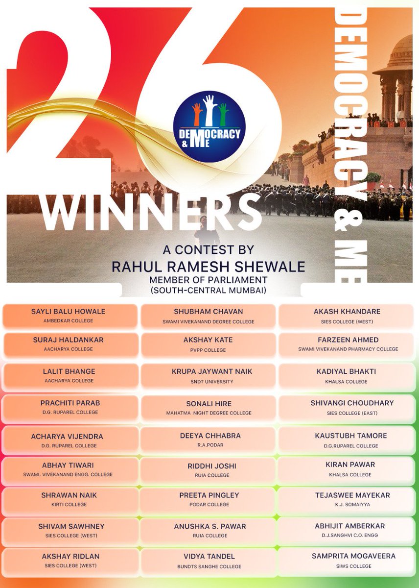 shewale_rahul's tweet photo. Result of 'Democracy And Me' essay contest is out!!!!
I congratulate all the winners and thank all the faculties, juries and most of all the young participants for their sincere and truthful contribution towards this event.💐
#DemocracyAndMe #26For26th #ResultsOut https://t.co/11ZvpI5XiY