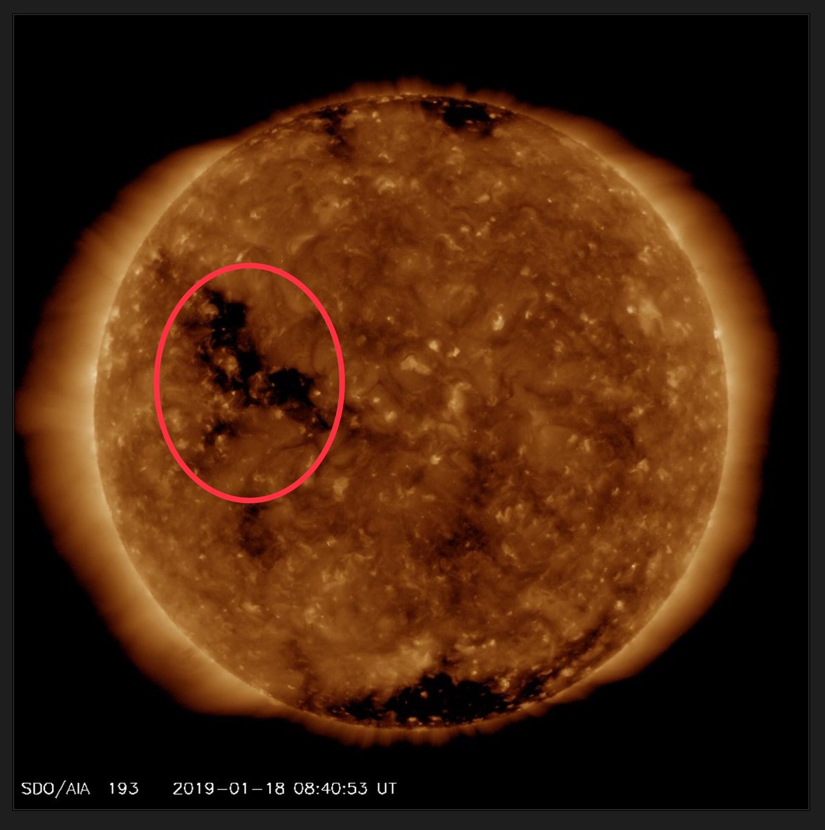 ClimateRealists's tweet photo. Latest SDO image of our local Star shows Earth Facing Coronal Hole on the way... the timing coincides with the arrival of the “Wolf Blood Super Moon” in the next two days.. there should be a Geomagnetic Influence taking place at the same time of the Gravitation Pull of the Moon.. https://t.co/G1rBnMVeS6