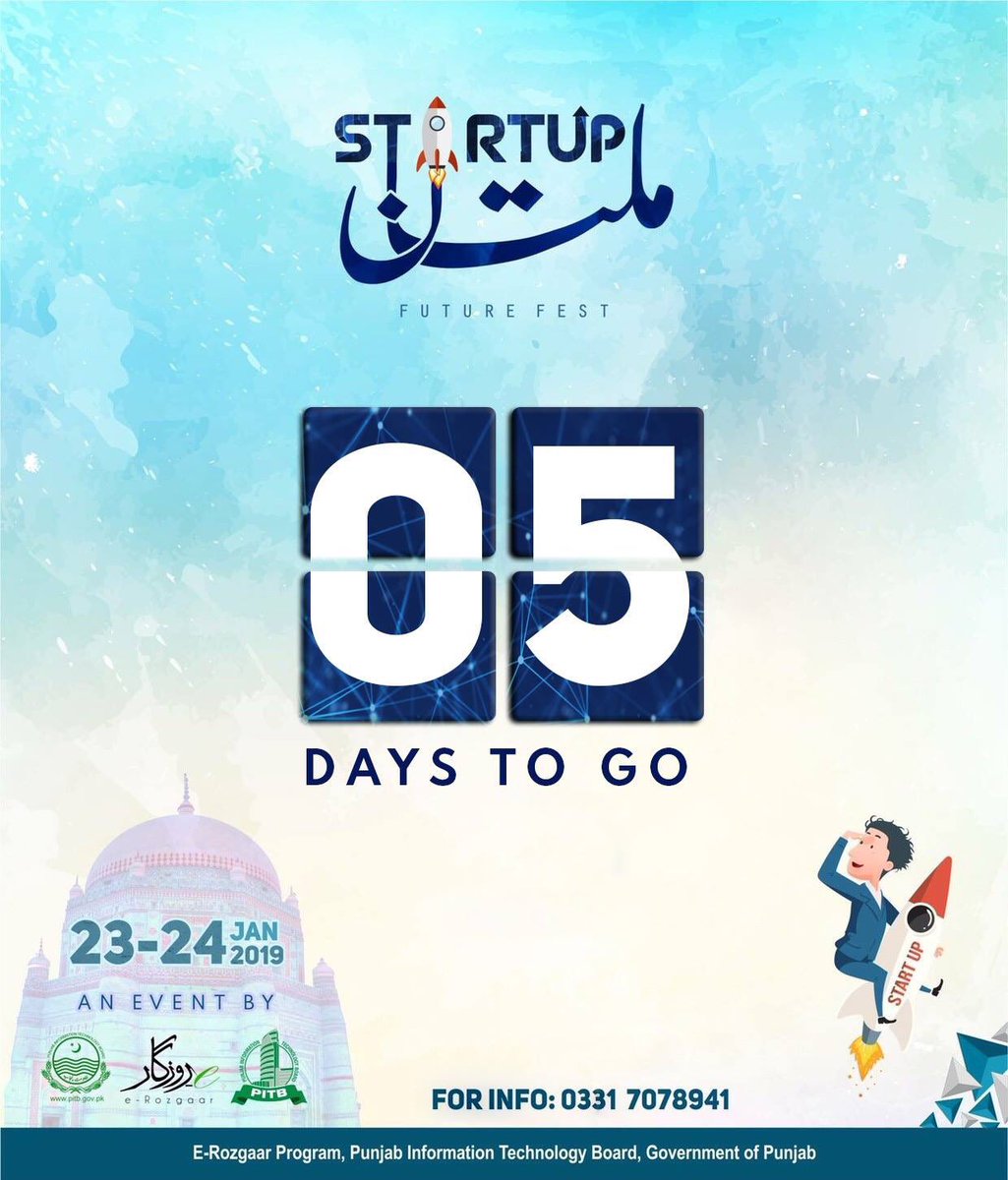 startupmultan's tweet photo. 5 Days to go #StartUpMultan , First #Entrepreneurial #Festival of #South #Punjab
#DigitalMultan #PITB #eRozgaar #ExpoDay https://t.co/jQ5OpLC7vi