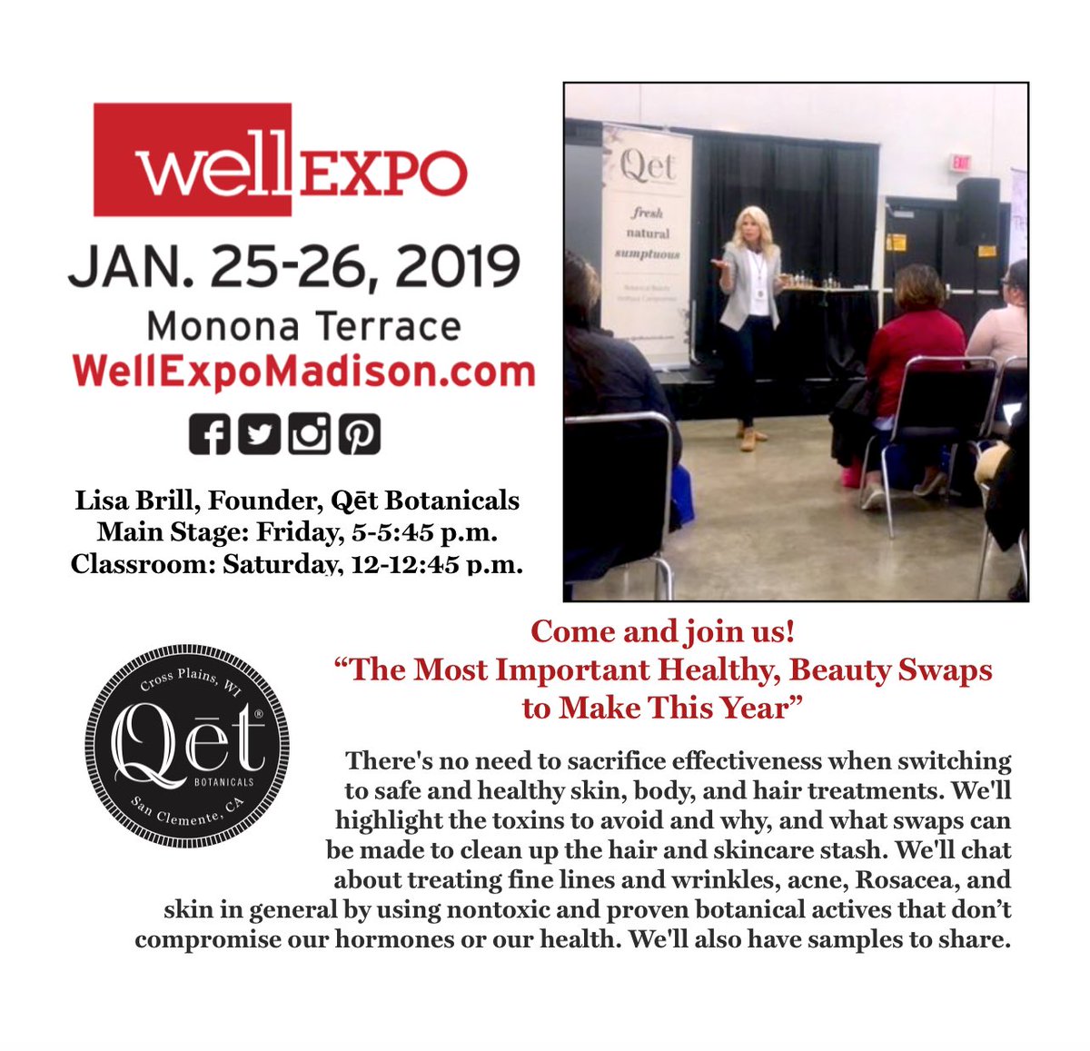 Qet Botanicals (@qetbotanicals) on Twitter photo On the Main Stage on Friday at 5, and on Saturday in a classroom at noon ~ come and join us! “The Most Important Healthy, Beauty Swaps to Make This Year” #organic #skincare #nontoxic #beauty #CleaningUp #wellness <a href="/MadisonWellEXPO/">Madison Well Expo</a> <a href="/bravamagazine/">BRAVA Magazine</a> Details ... instagram.com/p/BsyC-7cnDwI/ On the Main Stage on Friday at 5, and on Saturday in a classroom at noon ~ come and join us! “The Most Important Healthy, Beauty Swaps to Make This Year” #organic #skincare #nontoxic #beauty #CleaningUp #wellness <a href="/MadisonWellEXPO/">Madison Well Expo</a> <a href="/bravamagazine/">BRAVA Magazine</a> Details ... instagram.com/p/BsyC-7cnDwI/