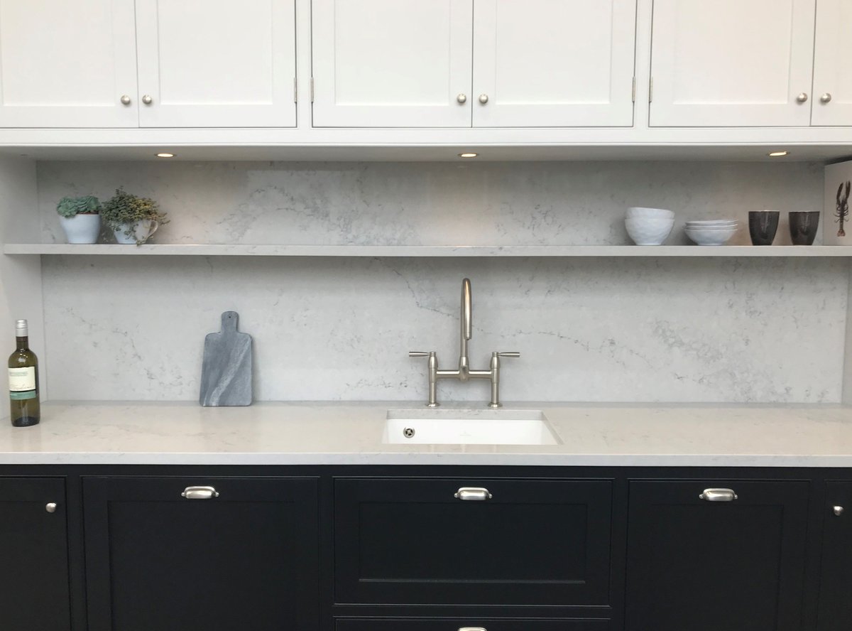CaesarstoneUK's tweet photo. 5211 Caesarstone #NobleGrey #quartz surfaces feature in this display from Kate Feather Kitchen Designs in Teddington - demonstrating how this #marble inspired worktop surface pairs equally well with light or dark cabinetry. #kitchendesign #kitchendecoration #interiordesign https://t.co/nh7WCF6JnV