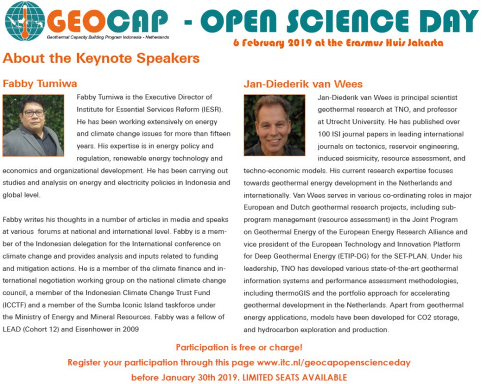 Tia_den_Hartog's tweet image. Join #GEOCAP Open Science Day on February 6th 2019 at the @ErasmusHuis for more information please visit tinyurl.com/yblpv8q7 #geothermal #indonesia #netherlands #Science #education #RenewableEnergy @NLinIndonesia @ITBGeothermal @inaga_iigce