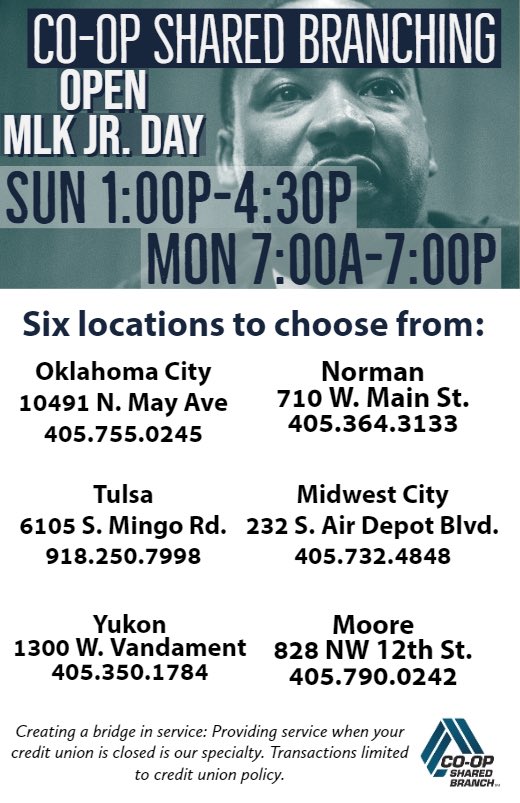 Happy Friday and Happy #ThreeDayWeekend! We'll be closed on Monday in observance of #MLKDay, but fear not, you can access your account in online or mobile banking + several <a href="/CUServiceCenter/">Shared Branching</a> locations will be open and able to serve you!
