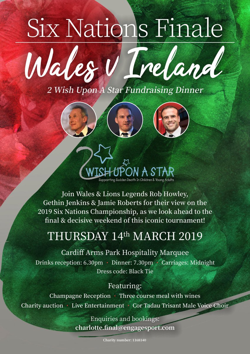 Engage (@engagesport) on Twitter photo We're excited to announce this special Six Nations Finale Dinner in aid of @2wishupon at <a href="/ArmsParkCardiff/">Cardiff Arms Park</a> on 14th March w/guest speakers <a href="/Jamiehuwroberts/">Jamie Roberts</a>, <a href="/gethinjenkins1/">gethin jenkins</a> & Rob Howley. To book your table & find out more please contact charlotte.final@engagesport.com We're excited to announce this special Six Nations Finale Dinner in aid of @2wishupon at <a href="/ArmsParkCardiff/">Cardiff Arms Park</a> on 14th March w/guest speakers <a href="/Jamiehuwroberts/">Jamie Roberts</a>, <a href="/gethinjenkins1/">gethin jenkins</a> & Rob Howley. To book your table & find out more please contact charlotte.final@engagesport.com
