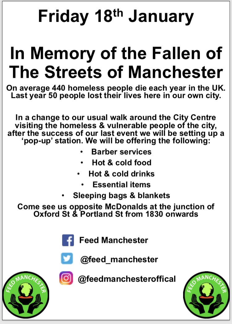 feed_manchester's tweet photo. Soon be time for our ‘pop-up’ event. Helping the vulnerableon the streets of Manchester #feedManchester #vulnerable #homeless #citystreets @ManCityCouncil @MayorofGM @AndyBurnhamGM @BBCRadioManc @BBCNWT @GranadaReports https://t.co/UccEHETraZ