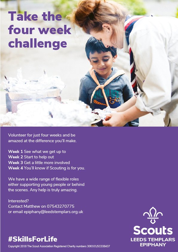 EpiphanyScouts's tweet photo. We are currently looking for people to help within our Cub and Scout sections, Try our 4 week challenge, the true challenge will be not being able to wait for the next meeting! https://t.co/BuVuEMHJZd