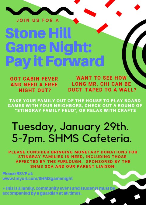 Tuesday, January 29th, 5-7pm. Come relax from the cold and hang with your neighbors (and see if you can guess student survey responses).  I play a pretty mean game of Clue (it’s Professor Plum, always)!