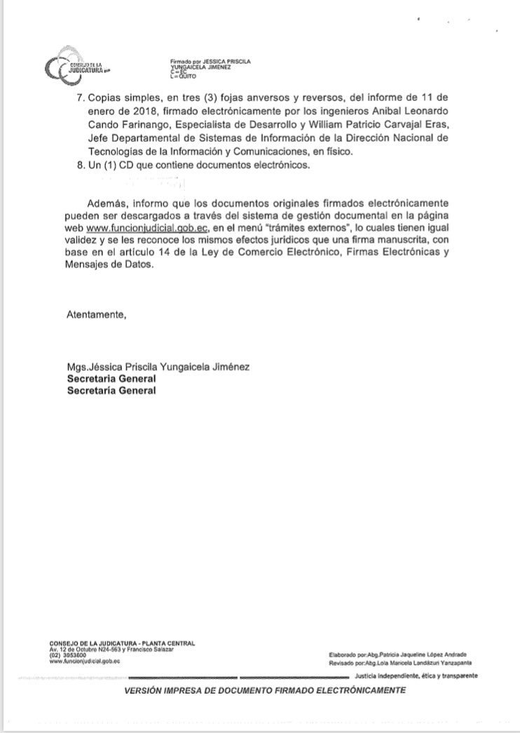 TMT30_'s tweet photo. Paulina Aguirre, presidenta de la Corte Nacional de Justicia, remite oficio al #CPCCSTransitorio en el que adjunta las pruebas teóricas y prácticas del concurso de juezas y jueces de 2011, solicitadas y entregadas por el Consejo de la Judicatura. https://t.co/K4ZajamVlr