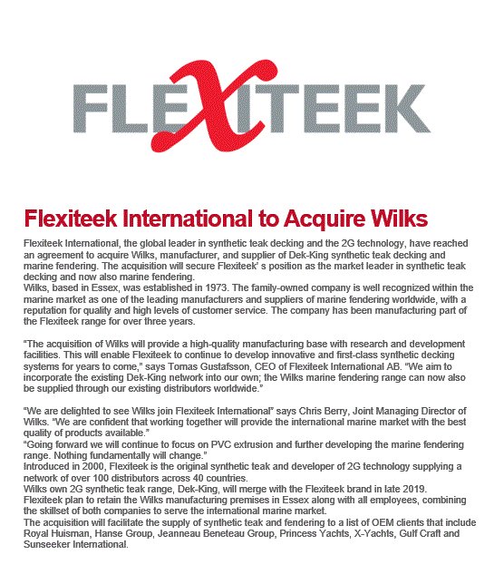 FLEXITEEK INTERNATIONAL to Acquire Wilks! #SoundingsonLine #NYBoatShow #Flexiteek #FlexiteekInternational #Flexiteek_AB #Flexiteek_UK