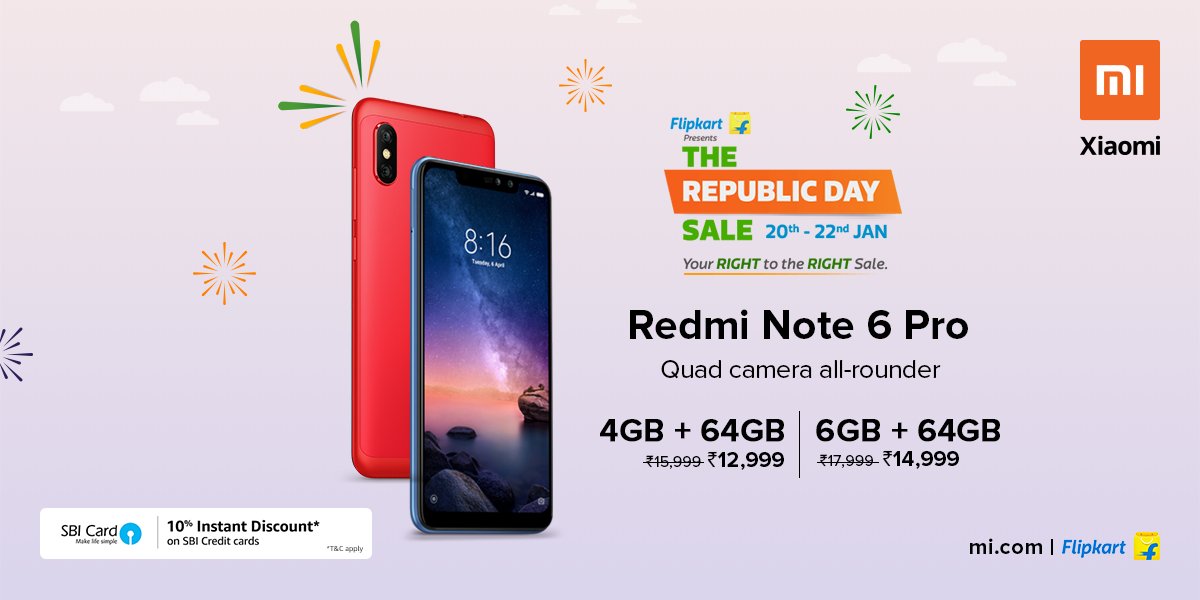 XiaomiIndia's tweet photo. An all-rounder for the all-rounders. #RedmiNote6Pro is on discount on @Flipkart and https://t.co/D3b3Qt4Ujl. Get it today &amp; avail additional 10% disc. on @TheOfficialSBI cards. Sale starts at 8PM.
Flipkart: https://t.co/42hmhArMH2
https://t.co/D3b3Qt4Ujl: https://t.co/E0pV5QNQV5 https://t.co/MM50Qvp2NZ