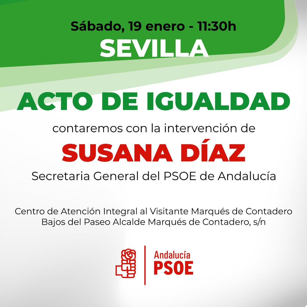 Mañana sábado a las 11.30 h, en Sevilla tenemos acto de igualdad con nuestra SG del <a href="/psoedeandalucia/">PSOE de Andalucía</a>. Te vienes a escuchar a <a href="/susanadiaz/">Susana Díaz Pacheco</a>?