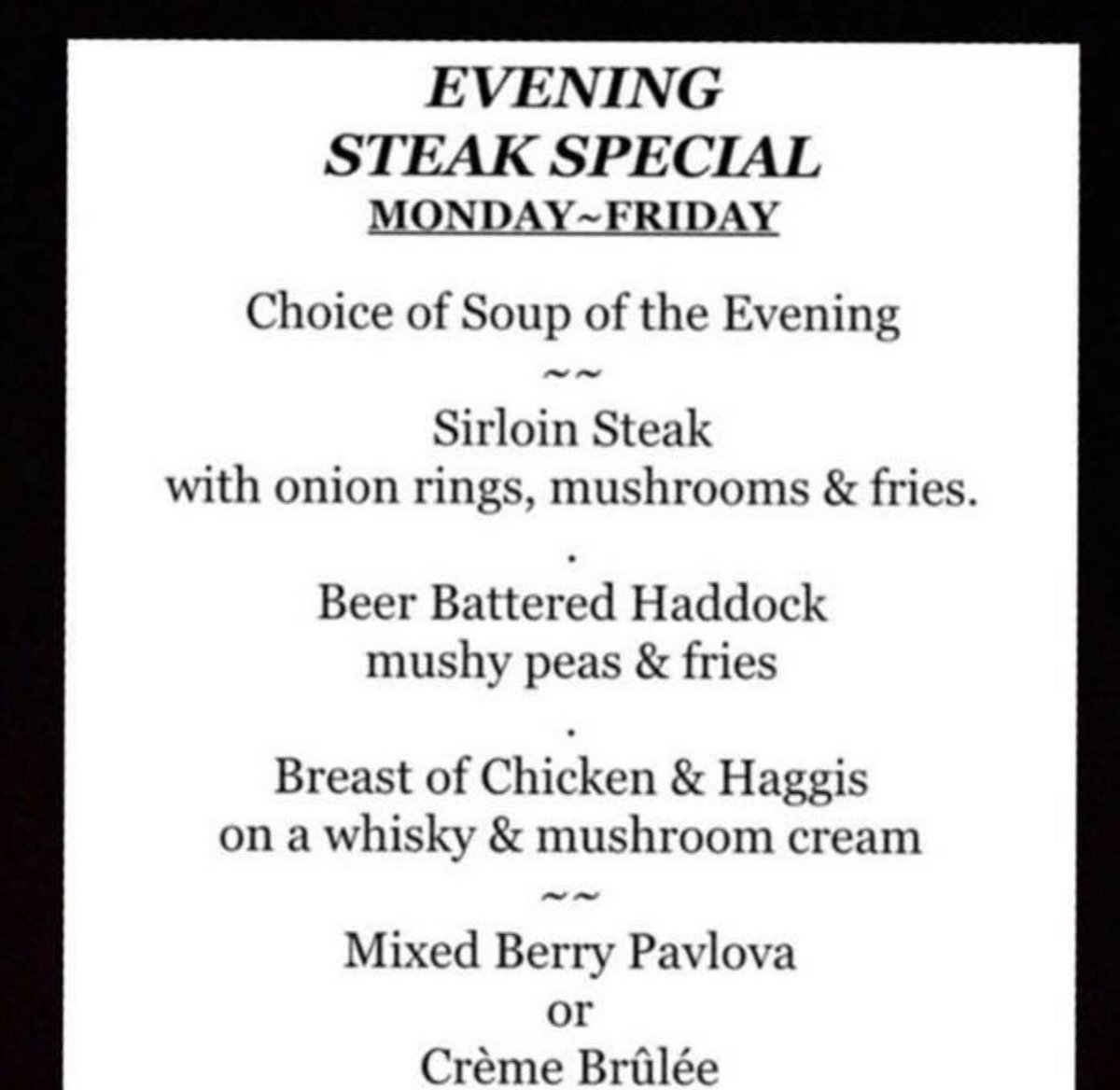 Steak Deal is back. #Monday to #Friday 5.30 to 8.30pm #steak +more. #dinnerdate #dinnerout #FridayFeeIing #puddings <a href="/NorthCoast500/">North Coast 500</a> <a href="/VisitScotland/">VisitScotland</a> <a href="/Avoch_weather/">Avoch_weather</a> <a href="/Black_Isle_Info/">Black-Isle.info</a> @northhighland1 <a href="/hamishmalcolm/">Hamish Malcolm</a> <a href="/JimAitken_FSB/">Jim Aitken</a> <a href="/HighlandCraic/">Highland Craic</a> @KessockClub