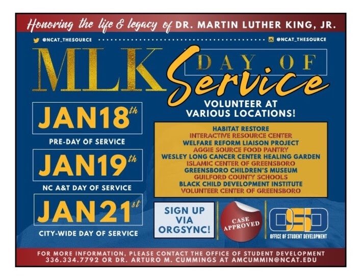 ncat_asme's tweet photo. Looking for other opportunities to serve your community this MLK weekend? Look no further! Head over to OrgSync and follow the info on the flyer! #NCAT https://t.co/H4DJHlW0Tg