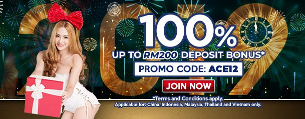 It's our ACE12 Promo! This means you'll get 100% DEPOSIT BONUS when you join #SBOBET today!
Details here: https://goo.gl/kNQtLQ