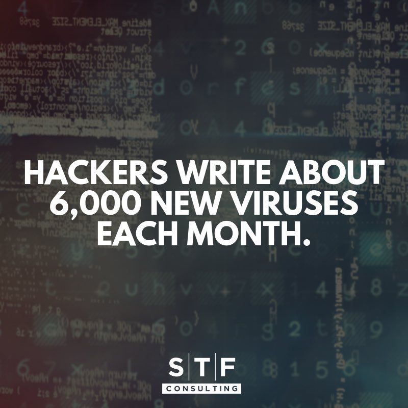 stfconsulting's tweet photo. With 6,000 new viruses created each month, it is vital to keep your computer systems protected!  #STFConsulting https://t.co/PdX6BGZn2D | 732-872-1911 Option 1 https://t.co/Dv2wNZYzf2