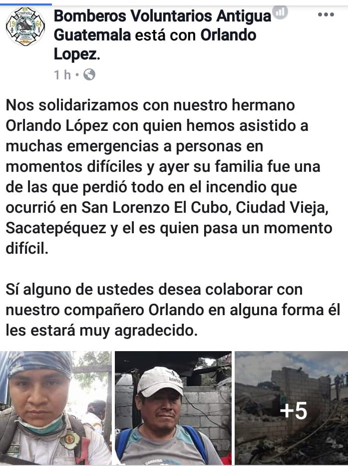 El <a href="/BVoluntariosGT/">Bomberos Voluntarios</a> Orlando Lopéz de la 8a Compania de La Antigua, perdió todo al incendiarse su casa en San Lorenzo El Cubo, Ciudad Vieja, hace unos dias. Pide ayuda. favor de llevarla a la Compania en los Campos de La Polvora. Amigos bomberos dar RT <a href="/amilcarmontejo/">Amilcar Montejo</a> Gracias