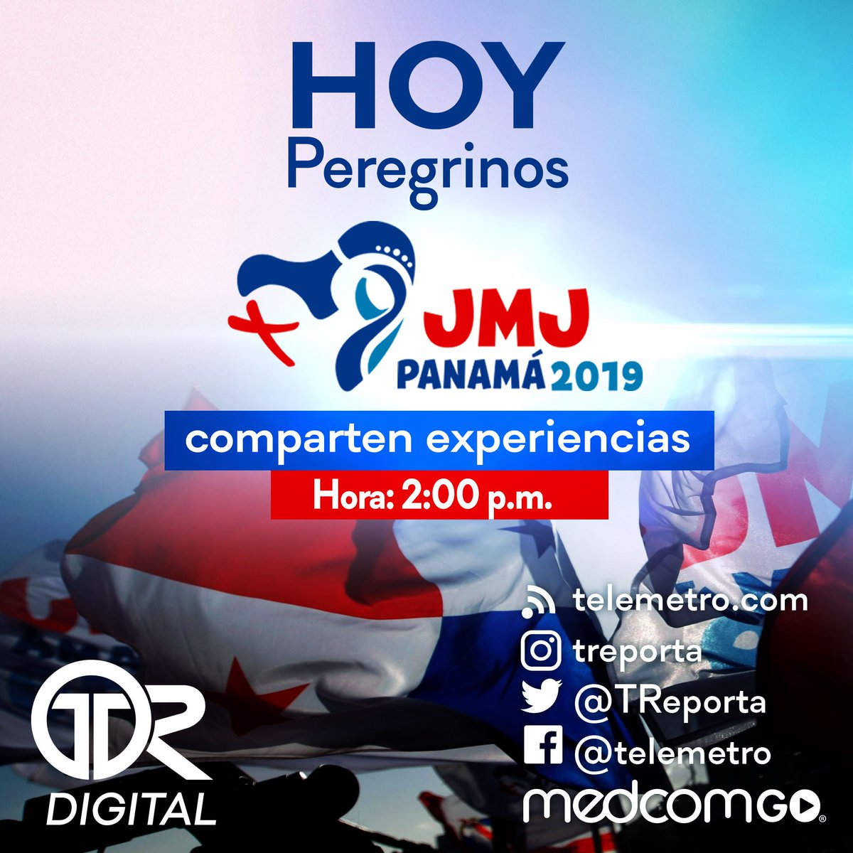 TReporta's tweet photo. Hoy a las 2:00 p.m. nos acompañarán peregrinos de México y Guatemala que conversarán con el equipo de #TRDigital, usted puede compartir sus fotos con los peregrinos utilizando la etiqueta #JMJ2019 #Panamá2019 https://t.co/wylSjG0WdP