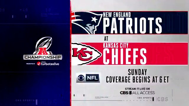 Cbs On Twitter The New England Patriots At The Kansas City Chiefs The Afcchampionship Coverage Starts This Evening At 6pmet 3pt Only On Cbs And Cbsallaccess Https T Co Wxrc30akw2 Https T Co Npiymowlnc