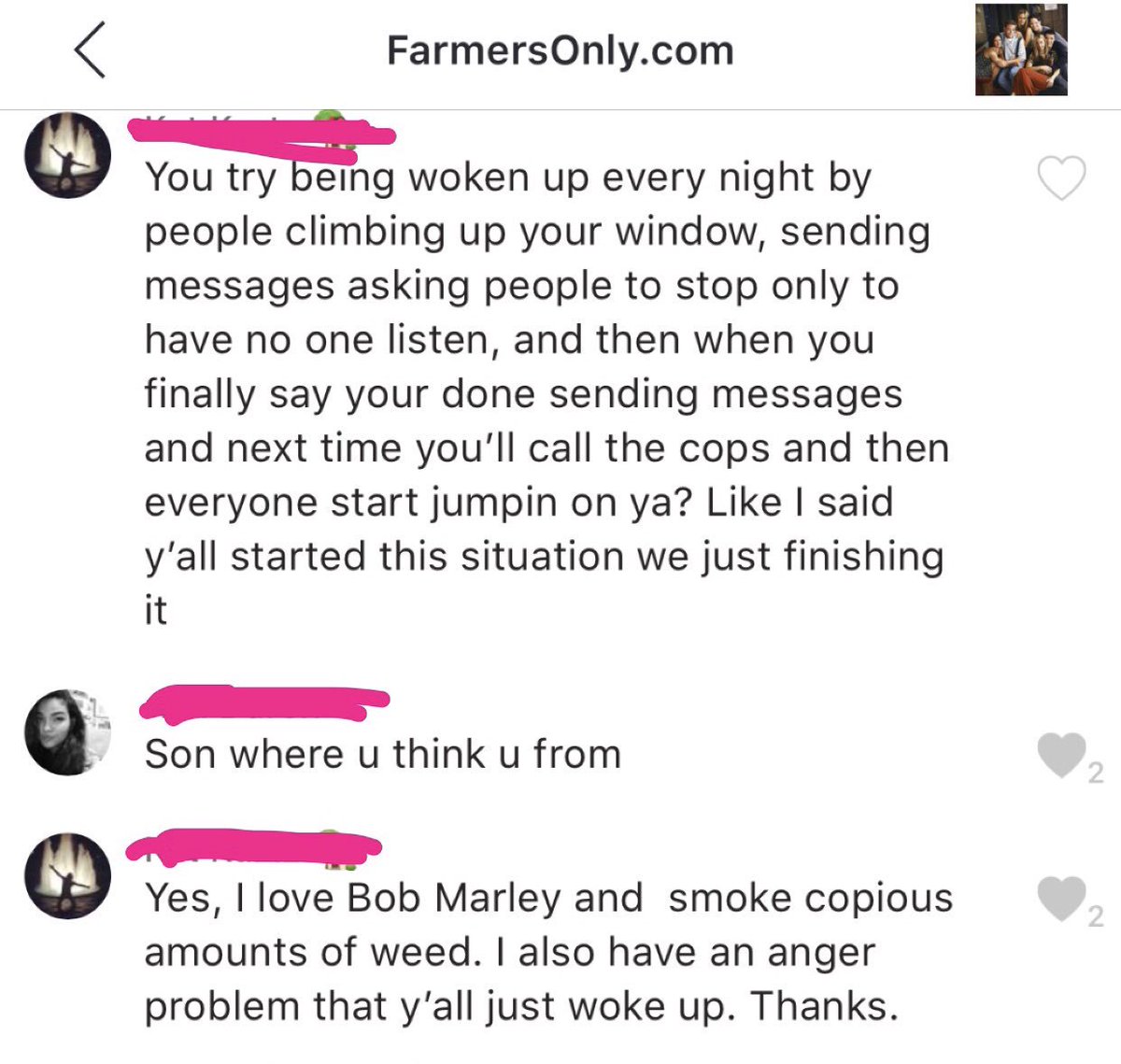 So this couple was trying to fight some other tenants and decided to WALK INTO A RANDOM APARTMENT TO FIND THEM? Also not sure what Bob Marley has to do with it