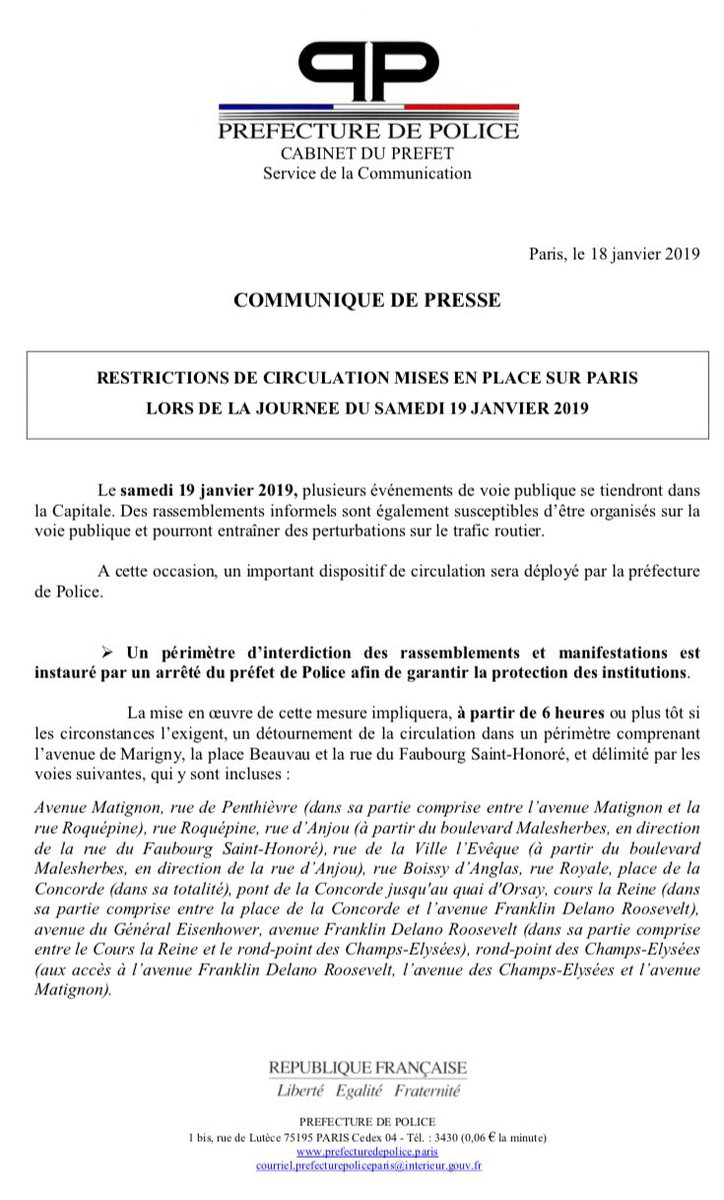 #circulation : demain samedi 19 janvier, à l’occasion de plusieurs événements de voie publique à #Paris, des restrictions de circulation seront mises en place. @prefpolice conseille aux automobilistes de contourner largement les zones concernées.