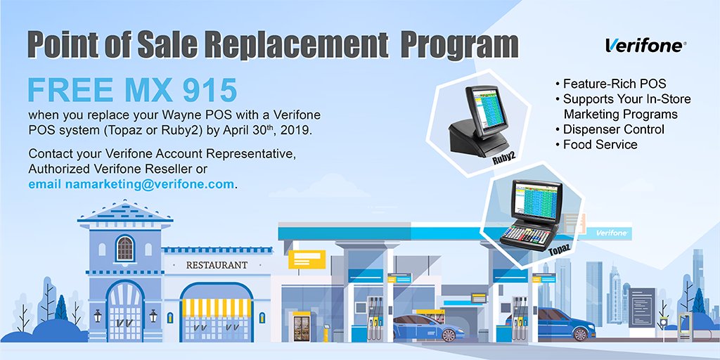 Looking to replace your existing #POS at your #conveniencestore sites? Take advantage of Verifone's POS Replacement Program to receive a #FREE MX 915 when you upgrade your #WayneFuelingSystems POS to a #Verifone #Topaz or #Ruby2. Contact us for more details.