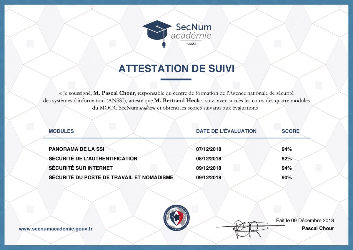 Se former n'est jamais inutile je me suis donc inscrit à la formation concernant la Sécurité des Systèmes d'Informations de L'ANSSI et voila le résultat ;)
#anssi #secnum