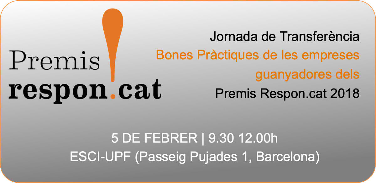 respon_cat's tweet photo. [👉5 FEBRER] Jornada Transferència d bones pràctiques d les empreses guanyadores dels #PremisRSE Responcat 2018 a @ESCIupf 

➡Trajectòria RSE: gran i pime
➡Ambiental 
➡Diversitat 
➡Voluntariat  
➡Territori Socialment Responsable  
➡Reforma Horària

https://t.co/7rTxZuweUN https://t.co/2Q32ENzhdF