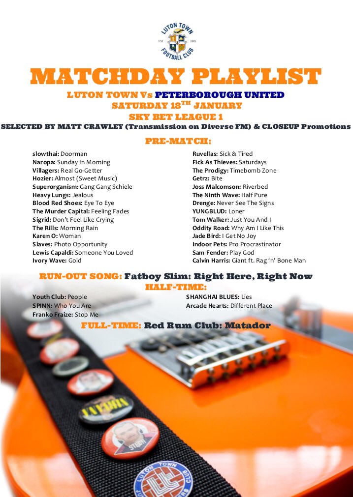 Here is tomorrow’s Official <a href="/LutonTown/">Luton Town FC</a> Matchday Playlist. #newmusic from <a href="/slowthai/">TYRON</a> <a href="/naropaband/">Naropa</a> @Heavylungsband <a href="/TheRills/">The Rills</a> <a href="/LewisCapaldi/">Lewis Capaldi</a> @IVORYWAVEUK <a href="/ruvellas/">ℛ𝓊𝓋ℯ𝓁𝓁𝒶𝓈</a> <a href="/GETRZBAND/">GETRZ</a> <a href="/JossAFMalcomson/">Joss Malcomson</a> <a href="/THENINTHWAVE_/">THE NINTH WAVE</a> <a href="/drenge/">drenge</a> @OddityRoad <a href="/JadeBirdMusic/">Jade Bird</a> <a href="/IndoorPets/">Indoor Pets</a> <a href="/samfendermusic/">Sam Fender</a> 

#coyh #ltfc