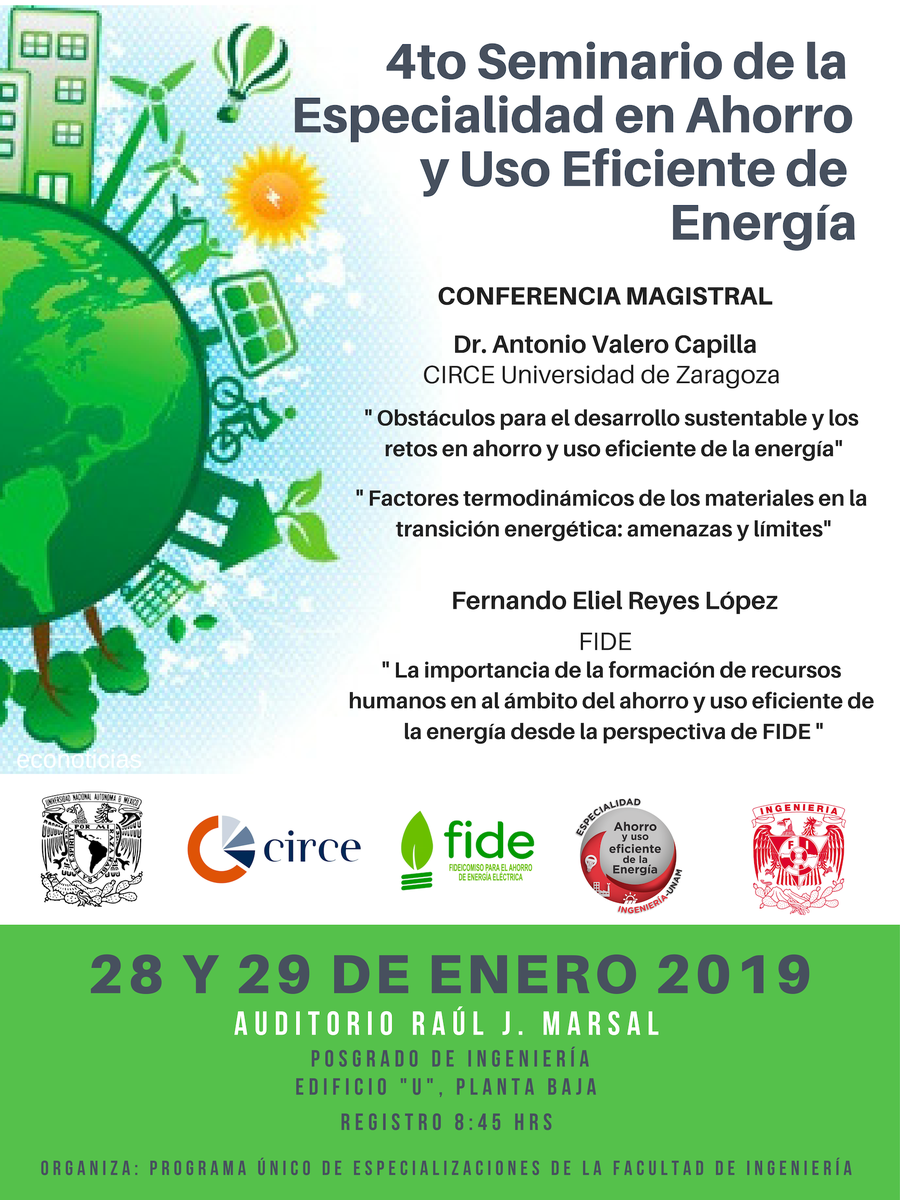 La Especialización en Ahorro y Uso Eficiente de la Energía  les invita a su 4to seminario el próximo 28 y 29 de enero. Posgrado de Ingeniería, Auditorio Raúl J. Marsal
<a href="/UNAM_MX/">UNAM</a>   <a href="/FIUNAM_MX/">Ingeniería UNAM</a> <a href="/EnergiaFIUNAM/">EnergíaFIUNAM</a>
