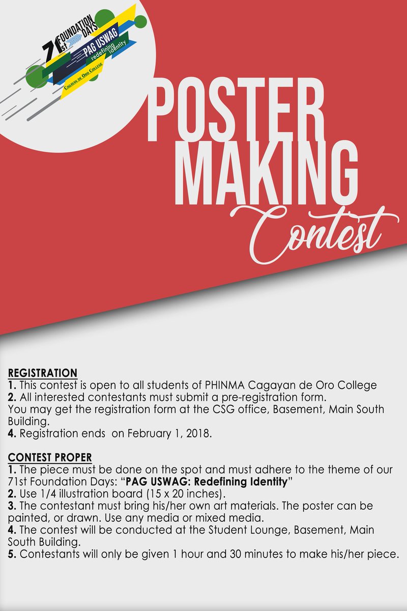 phinmacoccsg's tweet photo. We also have a Poster Making Contest for our fellow students who have the talent in drawing or painting!

#PHINMACOC71stFoundationDays
#PagUswag
#RedefiningIdentity https://t.co/M2dHJCDG4N