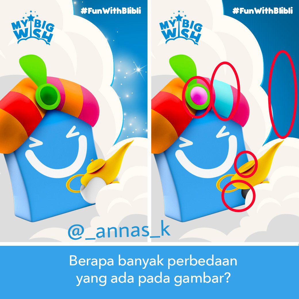 <a href="/bliblidotcom/">Blibli</a> Ada 5 perbedaan :
1. Tutup teko nya
2. Warna bulatan pada topi
3. Warna garis / motif pada topi
4. Warna putih pada gagang teko
5. Bintang - bintang yg bertaburan di langit 
#FunWithBlibli yuk ikutan <a href="/andalaselang/">elang Andalas</a> <a href="/ririnsungkar53/">Ririn Sungkar</a> @MuhammadRifa111