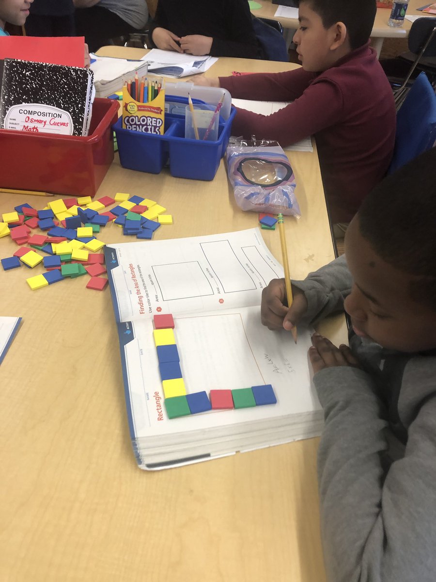 DualLanguage308's tweet photo. Mathematicians in 3-306 use color tiles to find the area and perimeter of a rectangle. #76learns #ps76q https://t.co/kaJDywvCQU