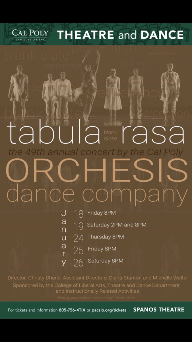 CP_Orchesis's tweet image. “Tabula Rasa” opens tonight!!!! 8pm in Spanos Theatre at Cal Poly. Check it out!!!!