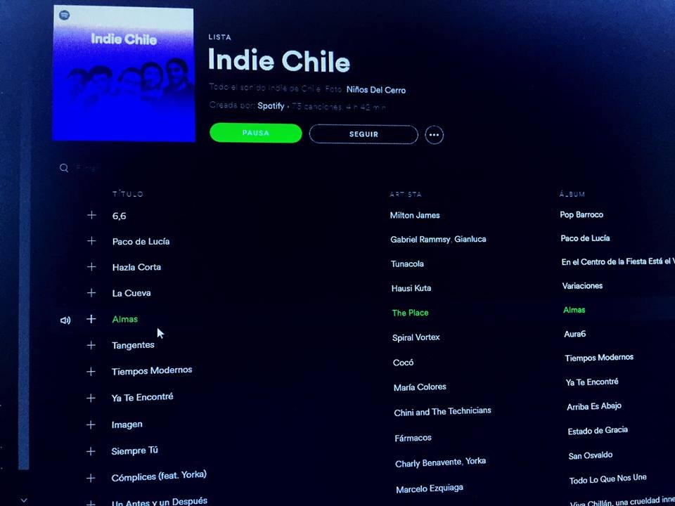 Estamos en la lista Indie Chile de <a href="/Spotify/">Spotify</a>!!! Gracias a @SpotifyLatino <a href="/SpotifyChile/">Spotify Chile</a> <a href="/SpotifyMexico/">Spotify Mexico</a> open.spotify.com/track/03Rk7N0A…