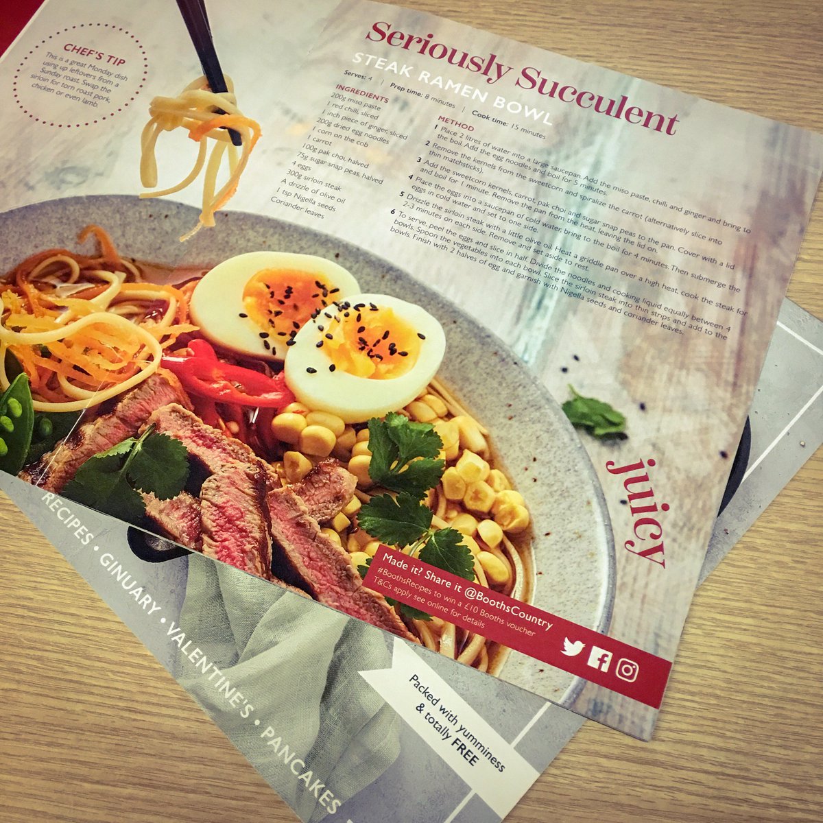 BoothsCountry's tweet photo. Picked up your FREE copy of our in store mag yet? Packed with inspo like our Steak Ramen Recipe - perfect made with sirloin steak from the Butcher counter, 18/kg until Sunday (ends 20/01/19. While stocks last). Made it? Share a photo with us for your chance to win! #BoothsRecipes https://t.co/pWyypJ2k6b