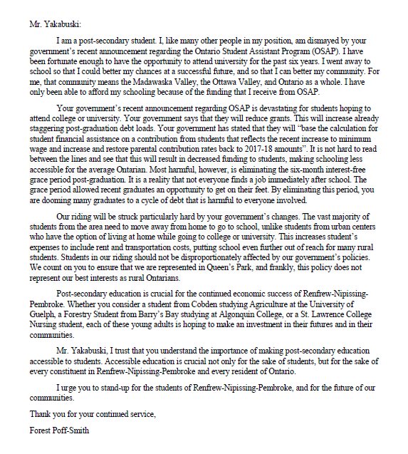 Forestpoffsmith's tweet photo. @JYakabuskiMPP @fordnation Please reconsider your recent OSAP announcement. You are hurting students, particularly those in rural communities. https://t.co/GexjG2VIdI