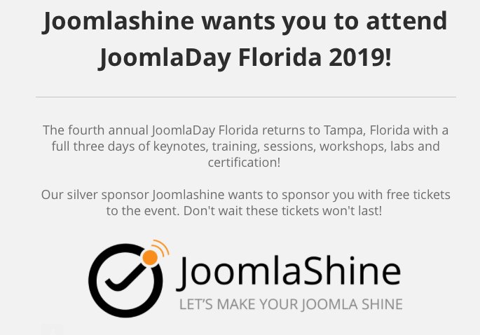 Joomlashine wants you to attend JoomlaDay Florida 2019 for FREE! <a href="/joomlashine/">JoomlaShine</a> #joomla #opensource #jdayfl19 ow.ly/1SJg50kfr4V
