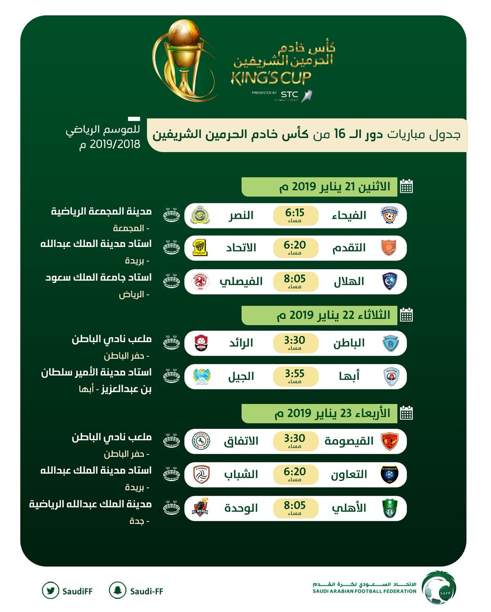 📊 | تعرّف على مواجهات دور الـ16 من مسابقة #كأس_خادم_الحرمين_الشريفين، ومواعيدها.