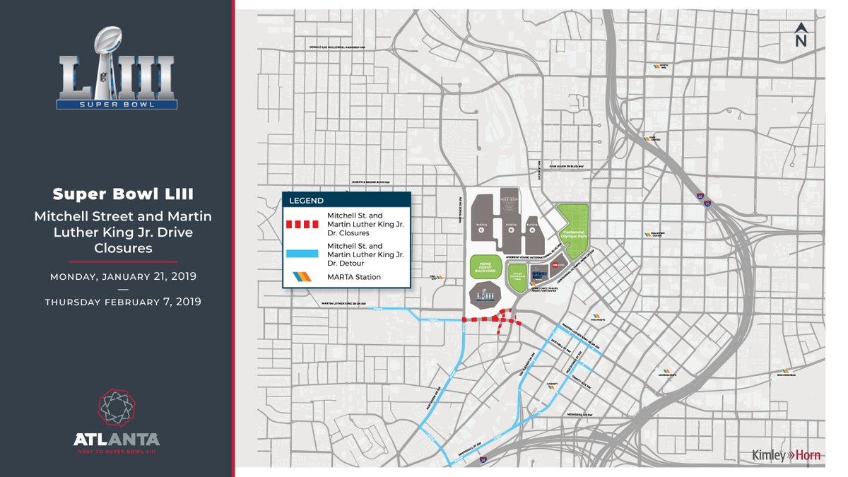 atlsuperbowl53's tweet photo. The first road closures related to #SBLIII will go into effect on Monday, Jan. 21 with Mitchell St. and Martin Luther King Jr. Dr. around Mercedes-Benz Stadium

For more information on road closures, visit https://t.co/wzh2rzObU4 https://t.co/3buNOOkqSY