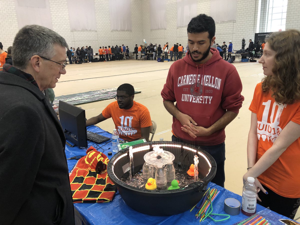 CMU_ECE's tweet photo. .@CMUProvost James Garrett checks out the Build18 project demonstrations, like this musical fountain. #build18 https://t.co/iJVJ7NPcoB